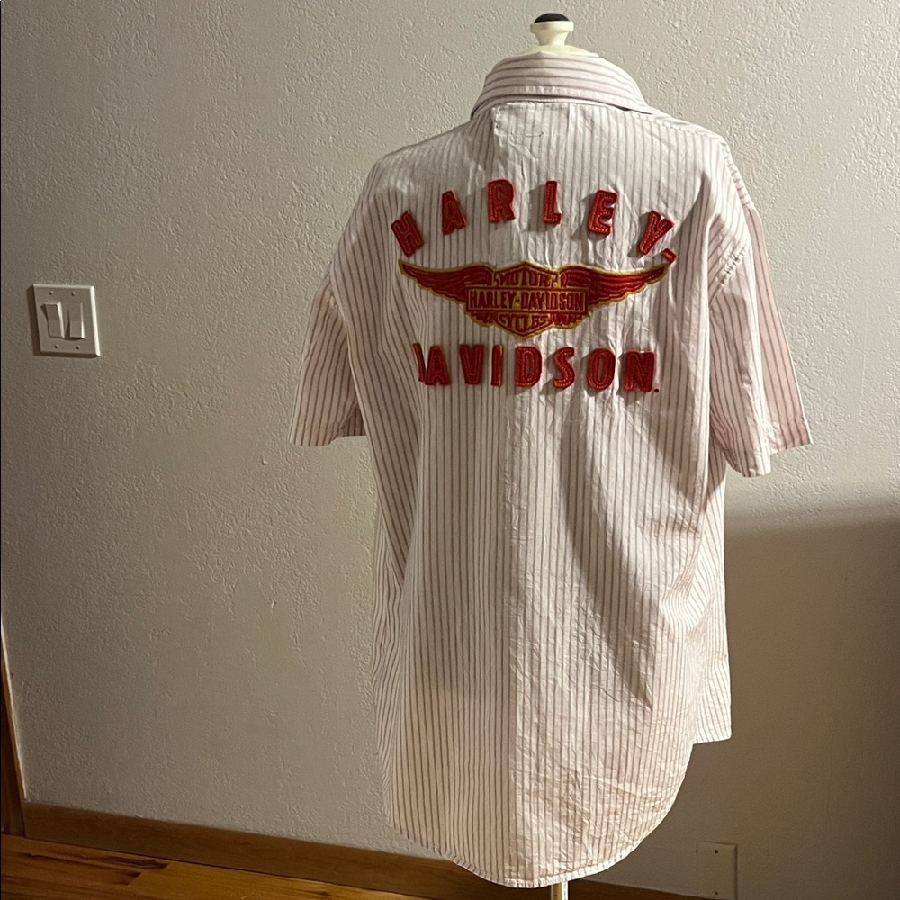 Harley-Davidson White and Gray Striped Button up Shirt with Red Embroidered Logo